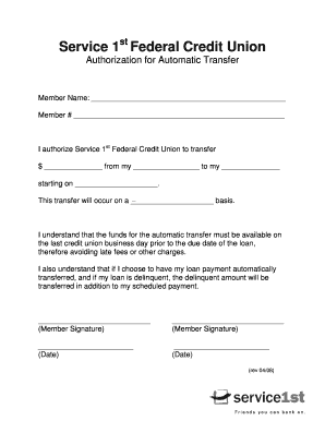 Service 1st Federal Credit Union Automatic Transfer Authorization