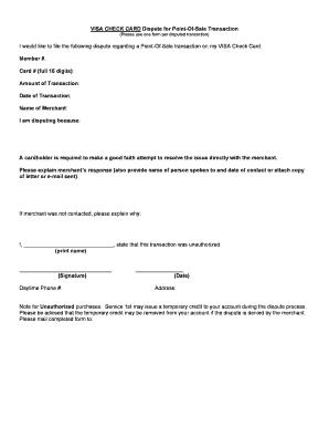 Visa Check Card Dispute Form