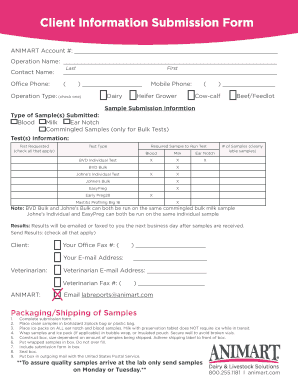 ANIMART Veterinary Sample Submission Form