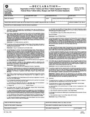 US Motor Vehicle Import Declaration Form