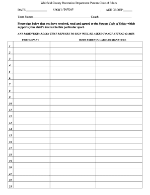 Whitfield County Recreation Department Parents Code of Ethics Pledge