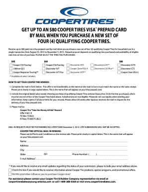 Cooper Tires Visa Prepaid Card Mail-In Reward Form