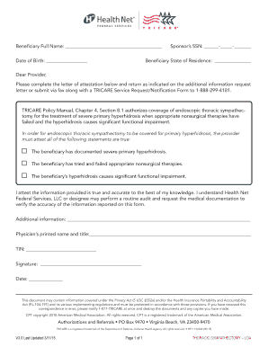 TRICARE Letter of Attestation for Thoracic Sympathectomy