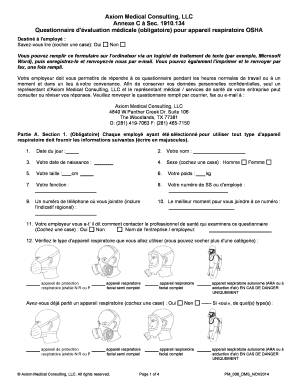 Questionnaire d'évaluation médicale (obligatoire) pour appareil respiratoire OSHA