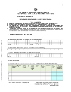 Fillable Online Download Oriental Insurance Mediclaim Proposal
