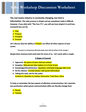 Sales Workshop Discussion Worksheet