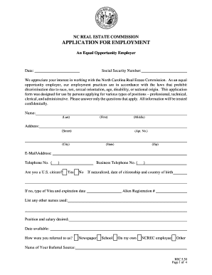 North Carolina Real Estate Commission Employment Application