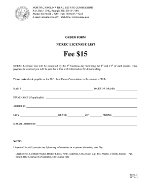 North Carolina Real Estate Commission Licensee List Order Form