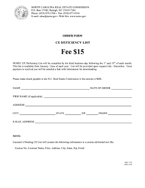 North Carolina Real Estate Commission CE Deficiency List Order Form