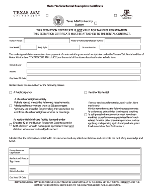 Texas Motor Vehicle Rental Exemption Certificate