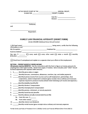 Florida Family Law Financial Affidavit (Short Form)