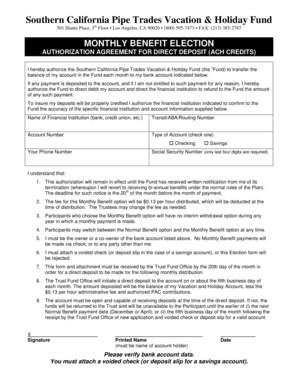 Monthly Benefit Election Authorization Agreement