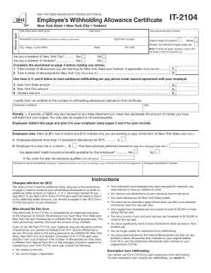 New York State Employee Withholding Allowance Certificate IT-2104
