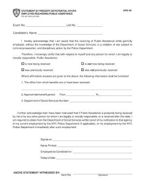 NYCPD Public Assistance Acknowledgment Form