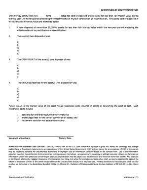 Divestiture of Asset Verification Form
