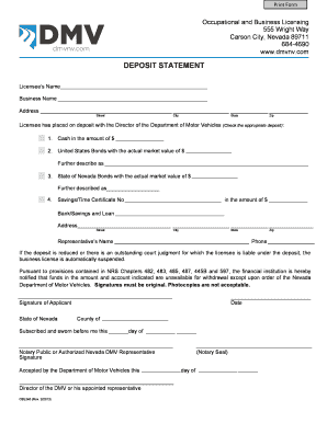 Nevada Business License Deposit Statement