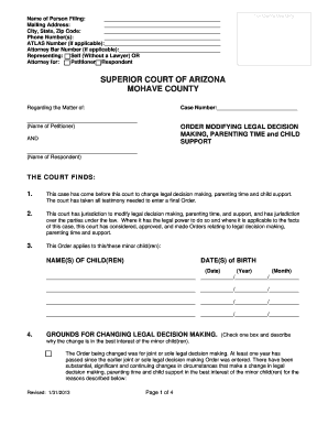 Arizona Order Modifying Legal Decision Making, Parenting Time and Child Support