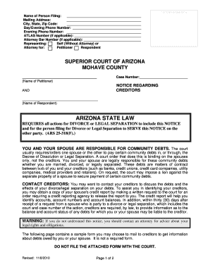 Arizona Divorce Legal Separation Notice