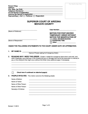 Motion for Post-Decree Temporary Order Without Notice