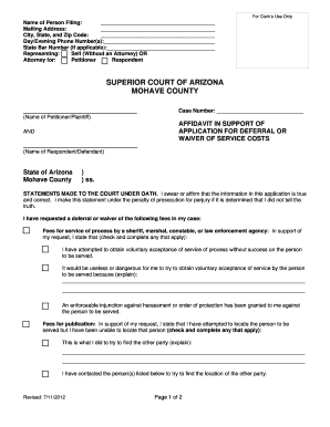 Arizona Affidavit in Support of Application for Deferral or Waiver of Service Costs