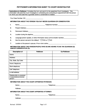 Petitioner Information Sheet for Court Investigator