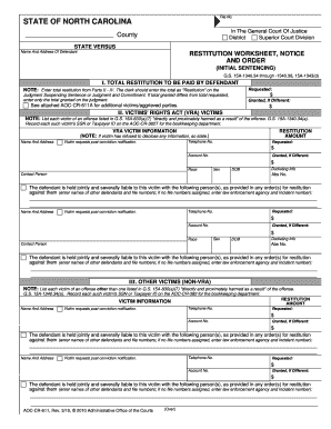 North Carolina Restitution Worksheet Notice and Order