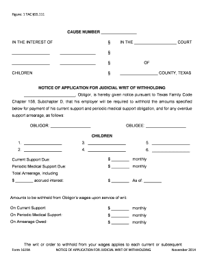Texas Notice of Application for Judicial Writ of Withholding
