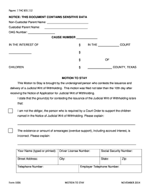 Texas Motion to Stay Judicial Writ of Withholding