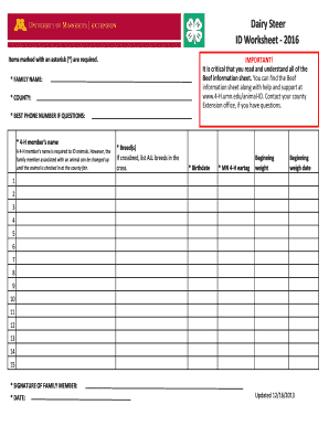 Dairy Steer ID Worksheet