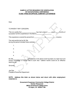Letter of Verification of Occupational Experience