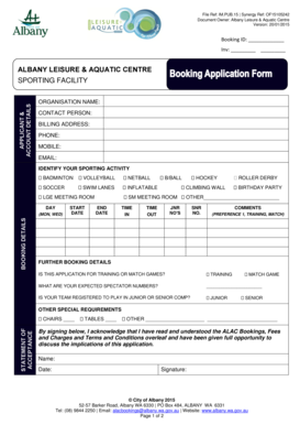 Albany Leisure & Aquatic Centre Booking Form