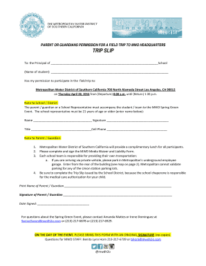 Parent Permission for Field Trip to MWD Headquarters