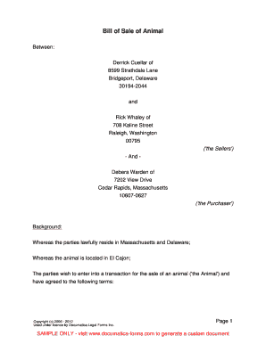 Bill of Sale for Animal