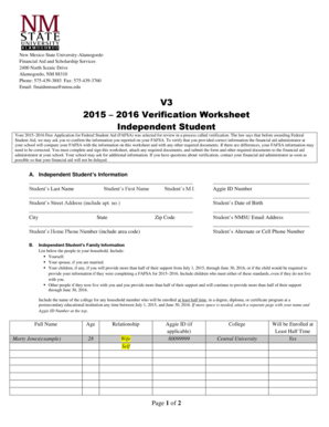 2015-2016 Independent Student Verification Worksheet