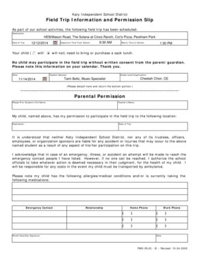 Katy ISD Field Trip Permission Slip