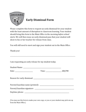 Sample early dismissal note from parent - early dismissal request