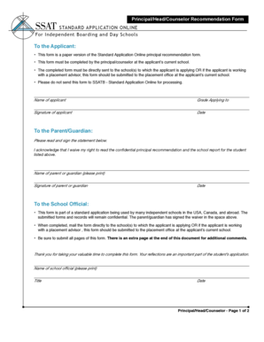 Principal Recommendation Form for Independent Schools