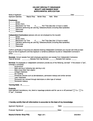 Beauty and Barber Shop Supplemental Application