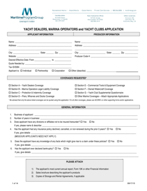 Yacht Dealers and Marina Operators Insurance Application