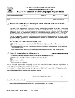Annual Parent Notification of ESOL Program Status