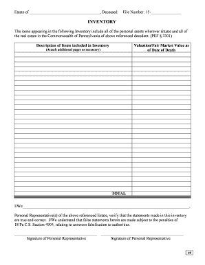 Pennsylvania Estate Inventory Form
