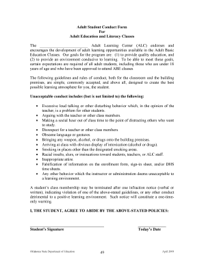 Adult Student Conduct Form