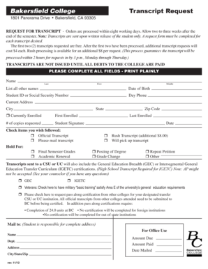 Bakersfield College Transcript Request Form