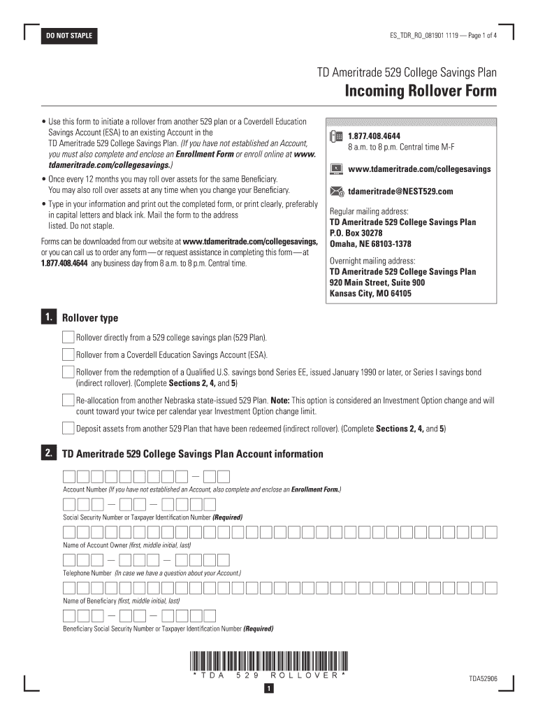 529 College Savings Plan Incoming Rollover Form - TD Preview on Page 1