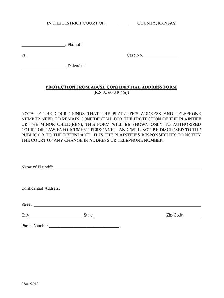kansas protection abuse confidential address Preview on Page 1