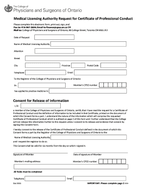 Medical Licensing Authority Request for Certificate of