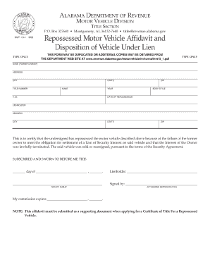 Alabama Repossessed Motor Vehicle Affidavit