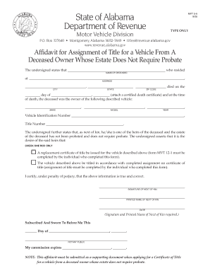 Alabama Affidavit for Assignment of Title for a Vehicle From A Deceased Owner Whose Estate Does Not Require Probate
