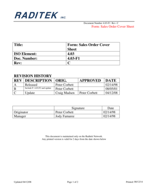 Sales Order Cover Sheet