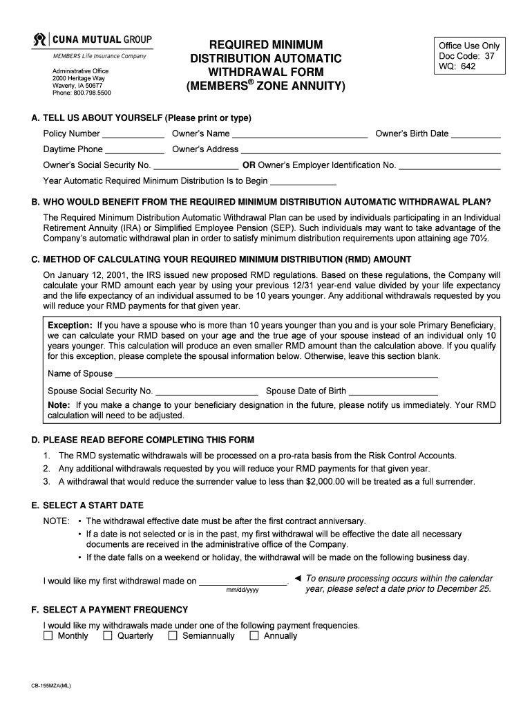 Fillable Online RMD Automatic Withdrawal Form CUNA Mutual Group Fax